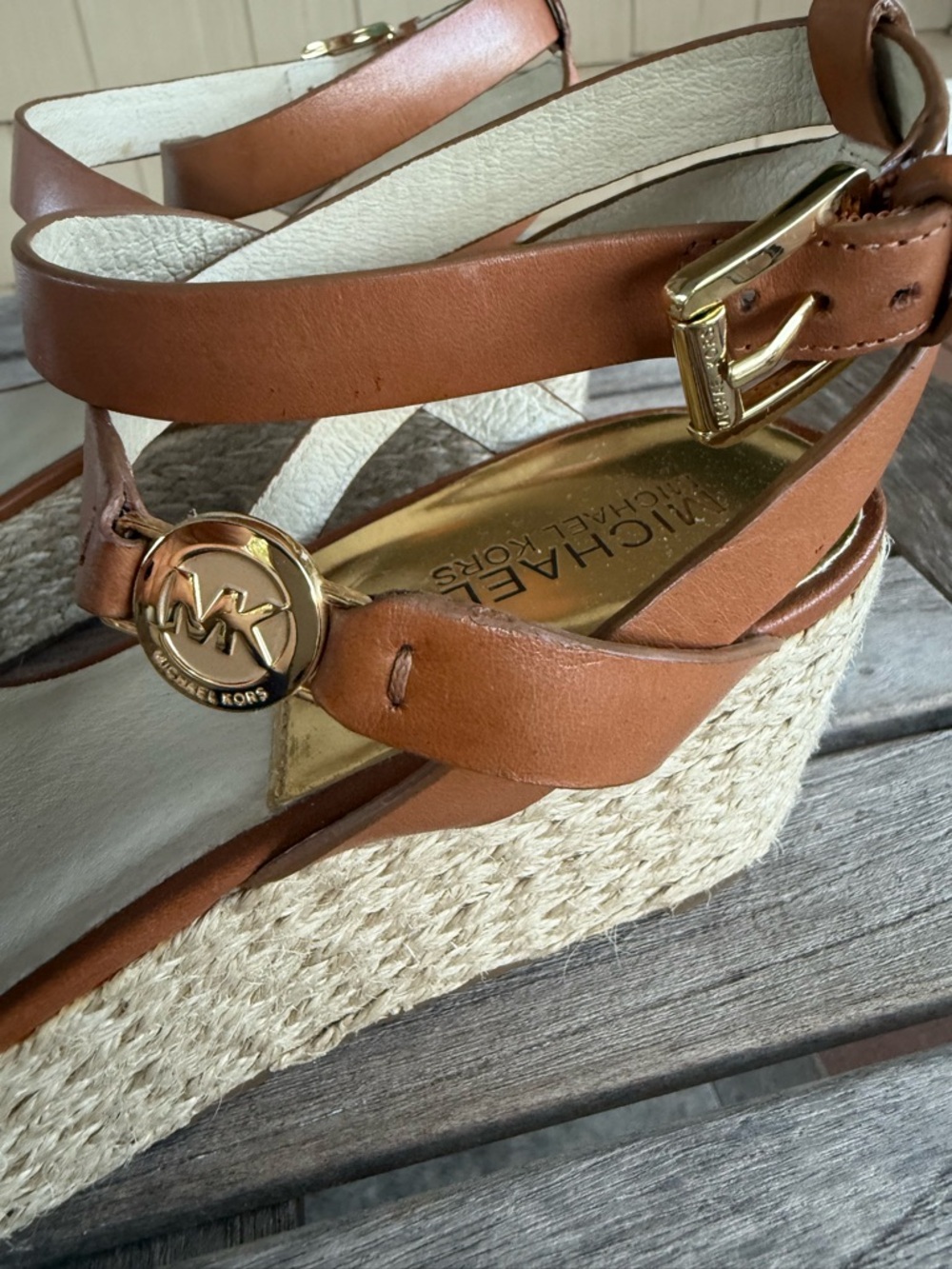 Michael Kors Espadrille Wedge Sandals Cognac Leather Ankle Strap Women’s 7.5 - Picture 3 of 6